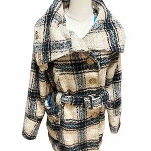 Dollhouse Wool Blend Cream and Blue Belted Coat with Hood Sz Lrg
